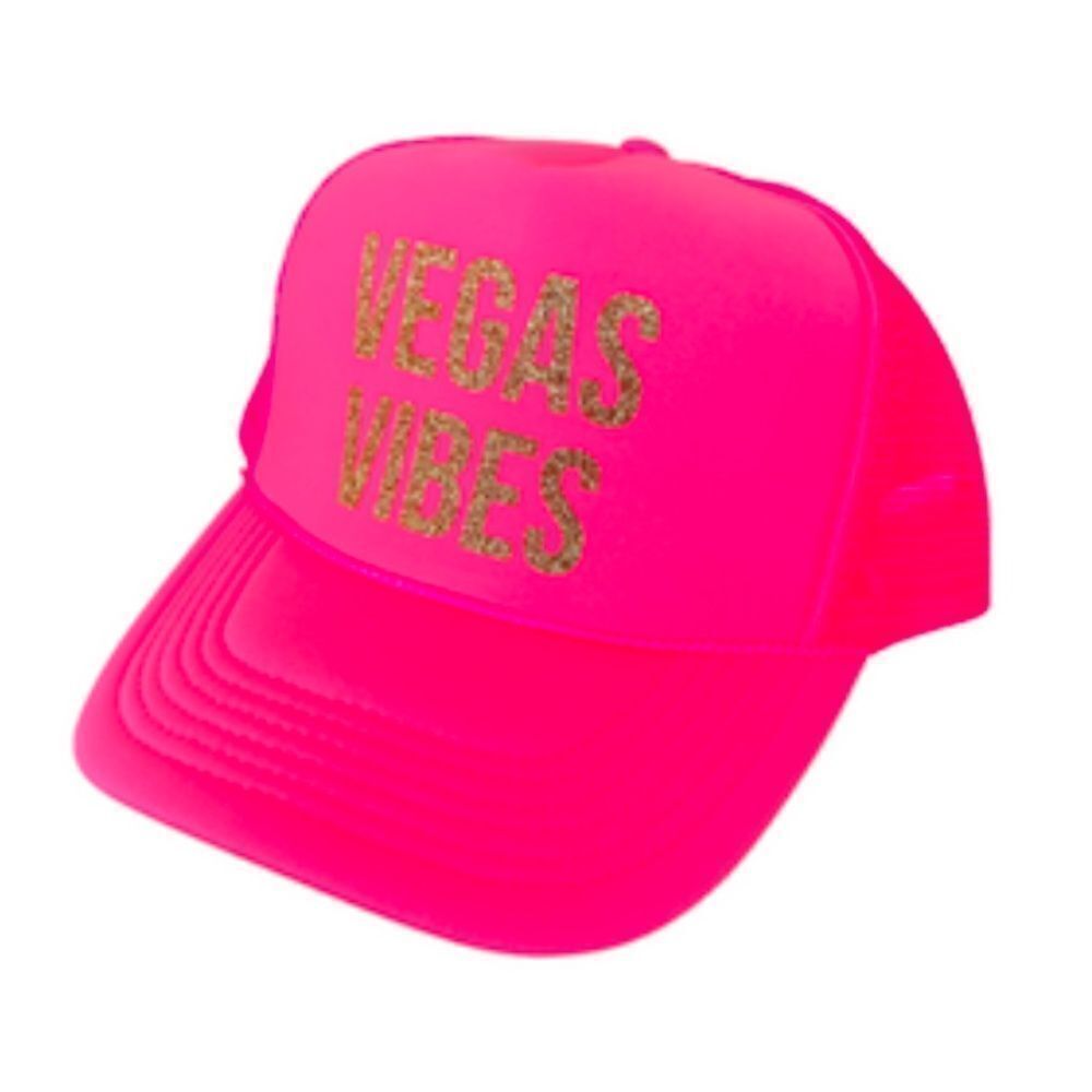 VEGAS VIBES Hot Pink Trucker Hat Gold Glitter Snap Back BRAND NEW